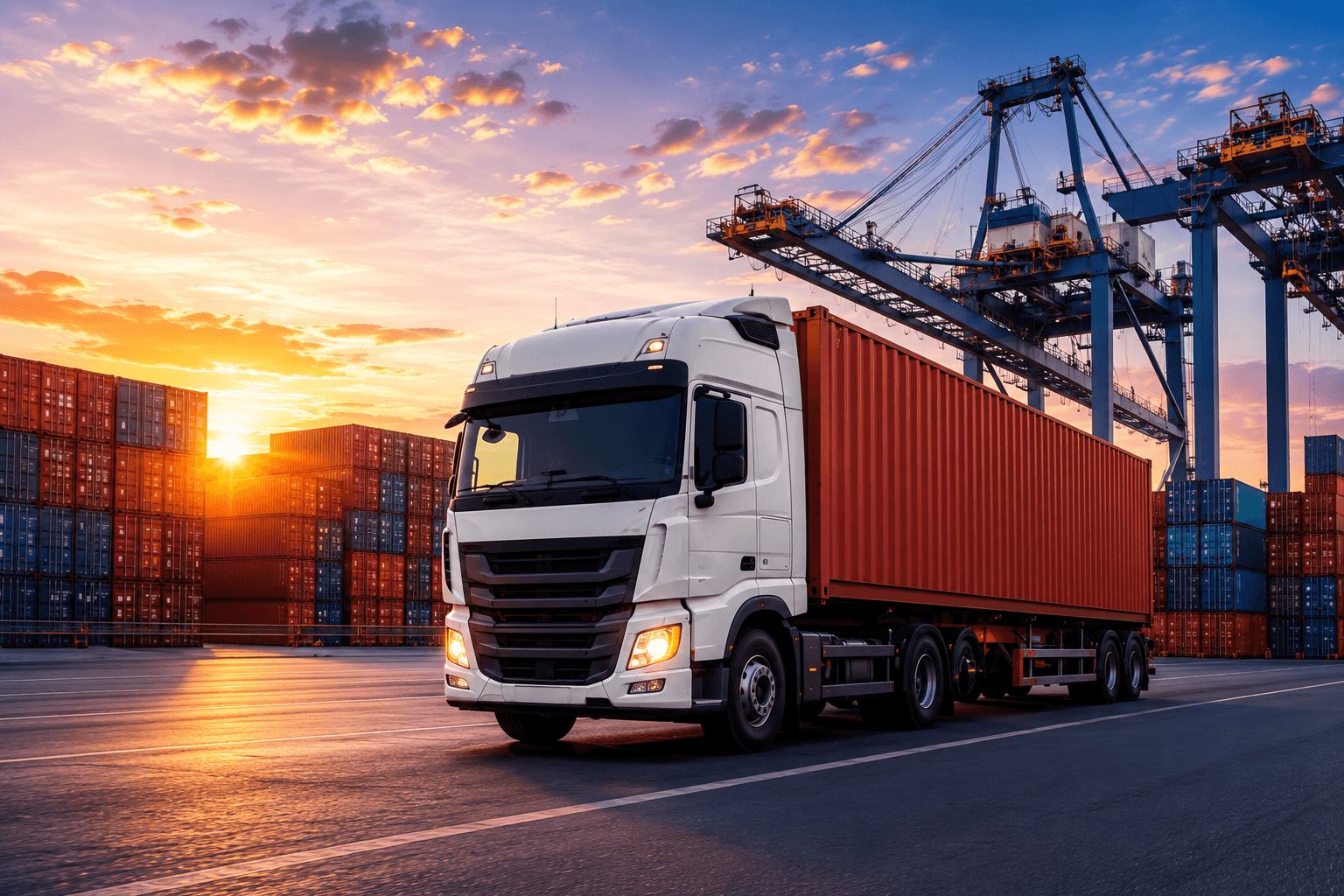 Lotbrands — shipping containers and truck at a port at sunset
